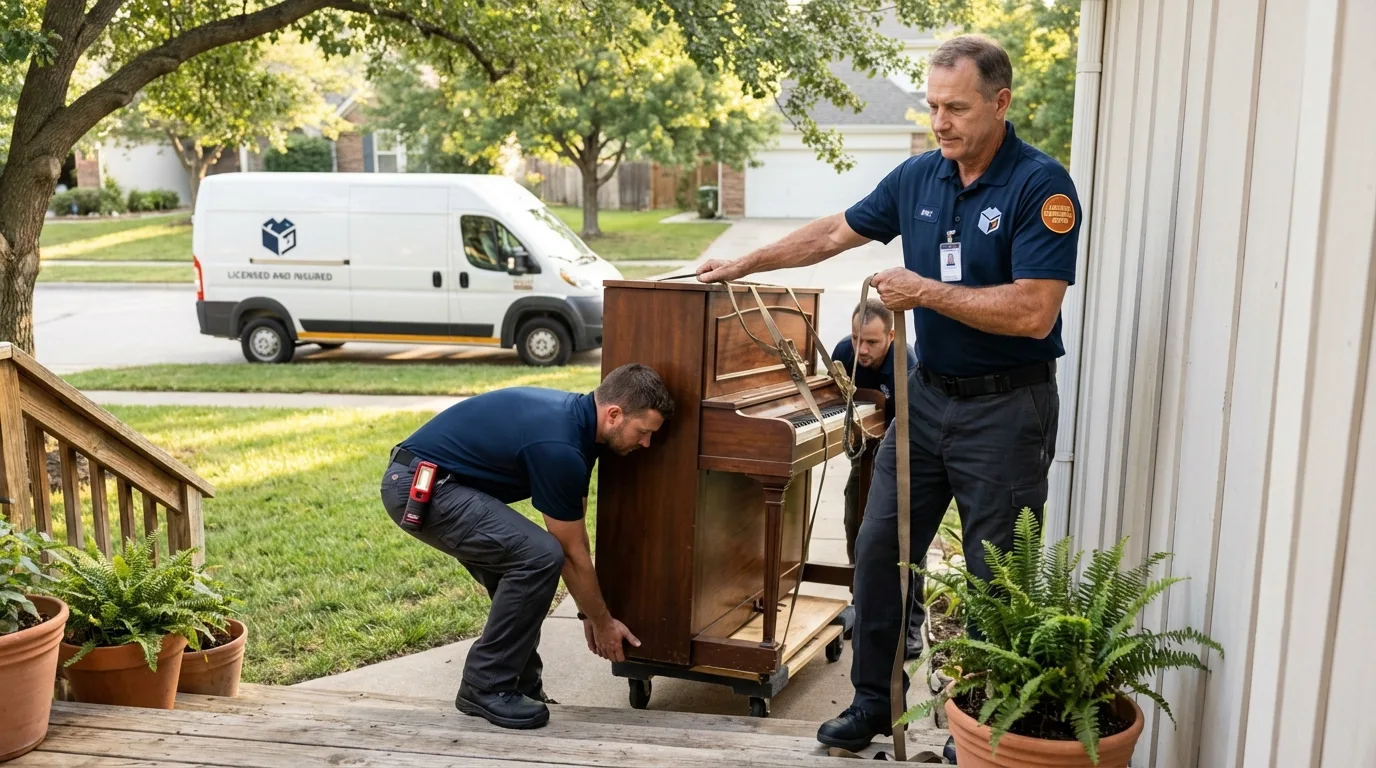 Licensed piano movers securing grand piano in Fishkill, NY