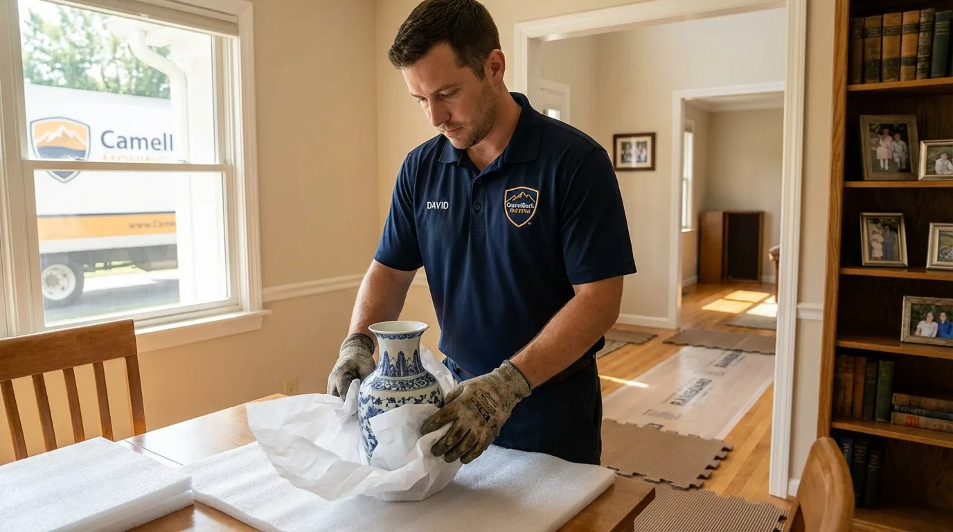 Professional crew carefully wrapping antique vase for senior downsizing move in Fishkill, NY